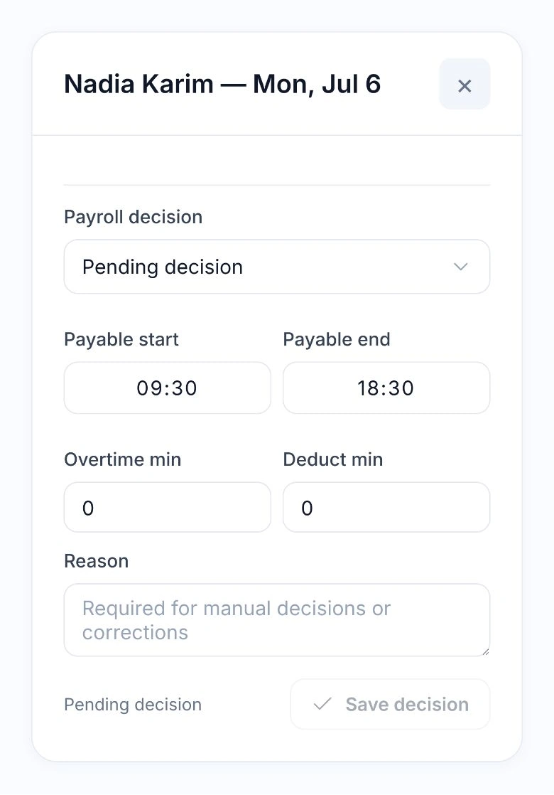 HoreX payroll decision with payable start and end, overtime, deduction and reason fields
