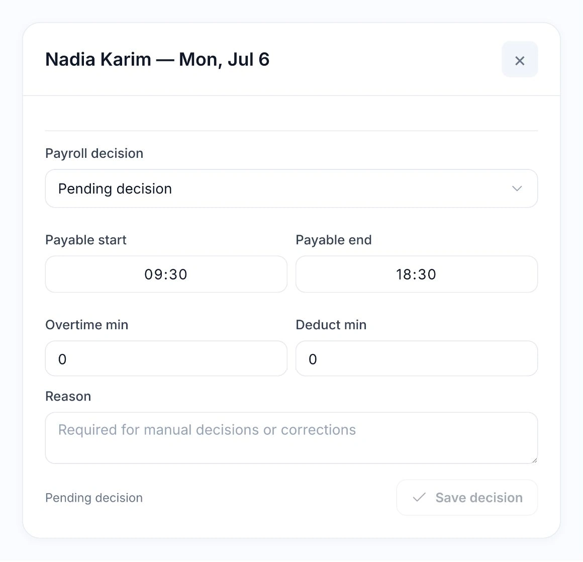 HoreX payroll decision with payable start and end, overtime, deduction and reason fields