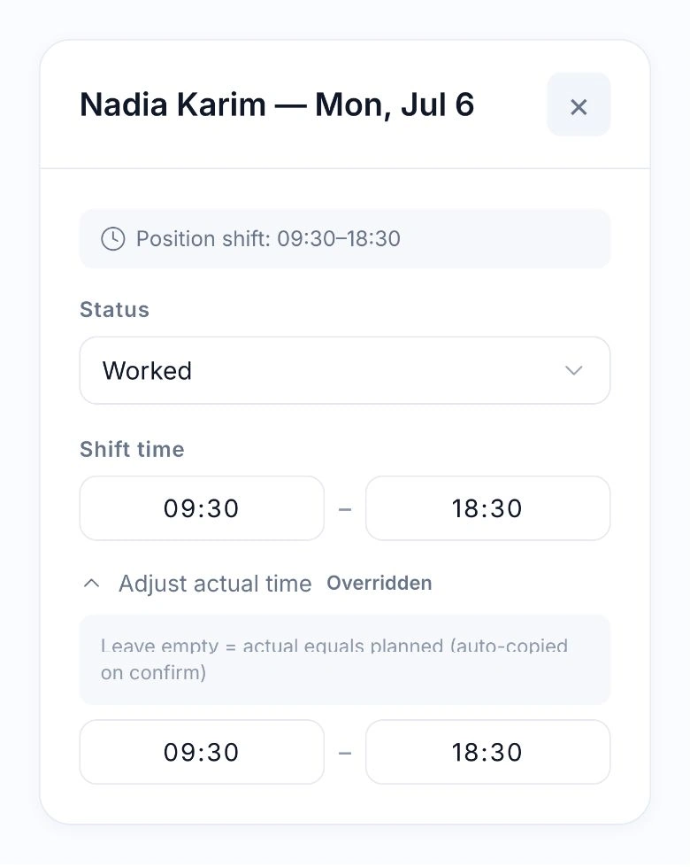 Native HoreX shift for Nadia Karim with the planned and adjusted actual times