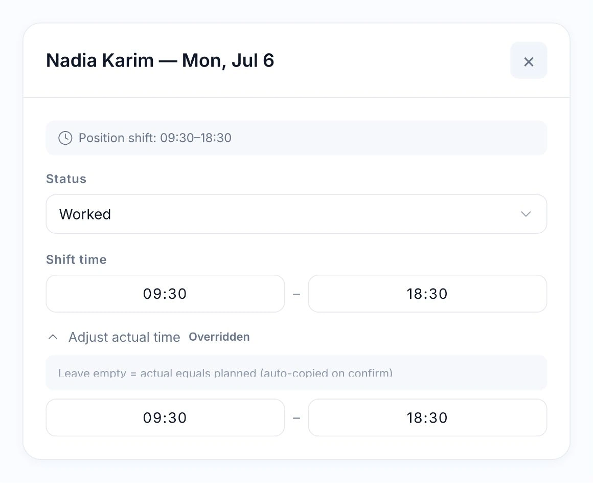 Native HoreX shift for Nadia Karim with the planned and adjusted actual times