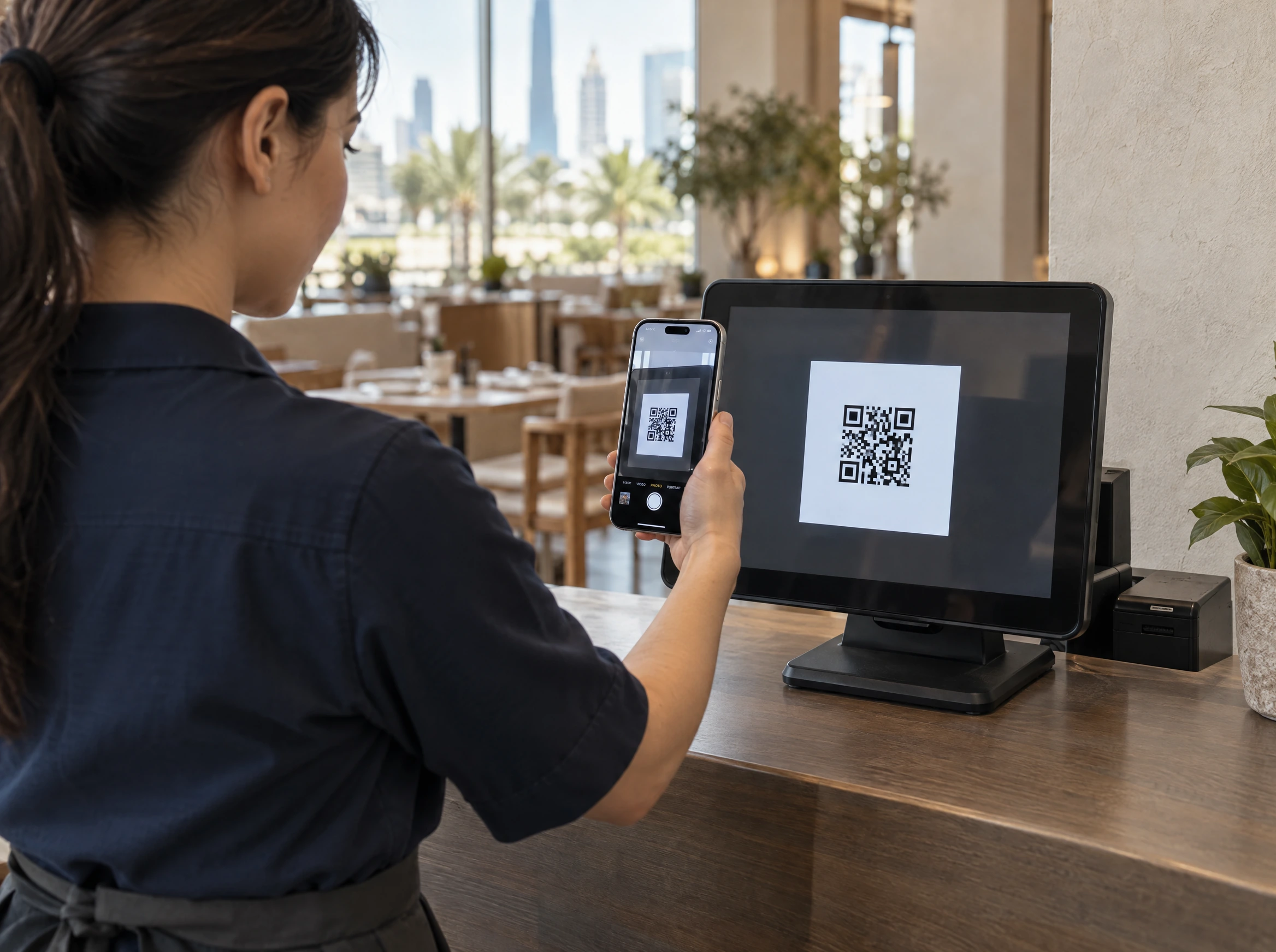 A waitress aims her phone camera at the attendance QR code on the front of the restaurant POS screen