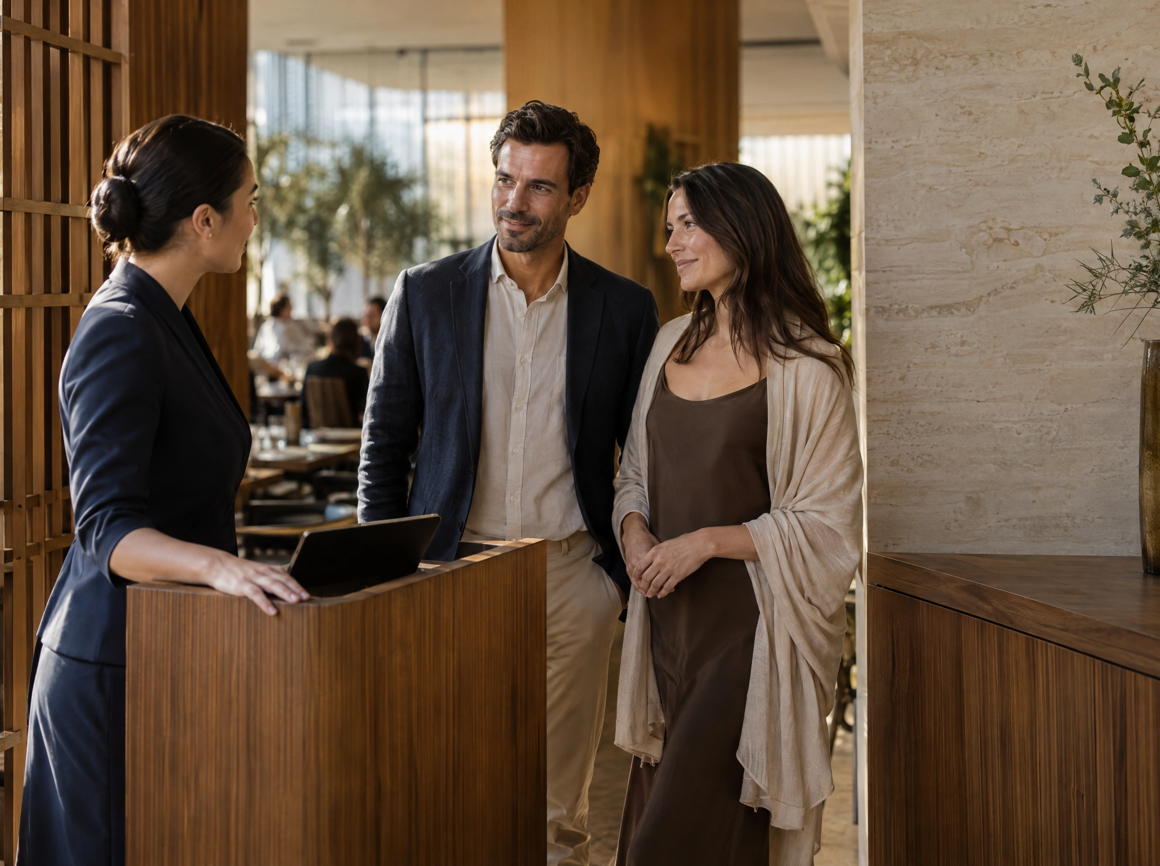 A hostess welcomes a couple at the restaurant reception