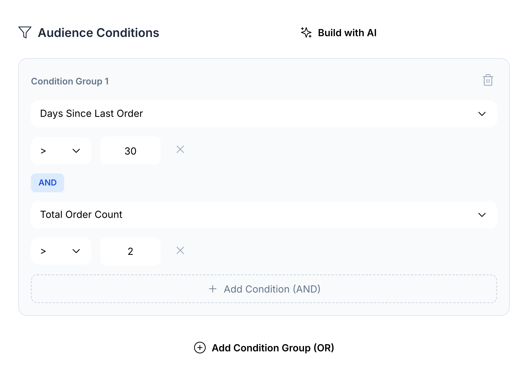 Native audience builder combining more than 30 days since last order with more than two orders