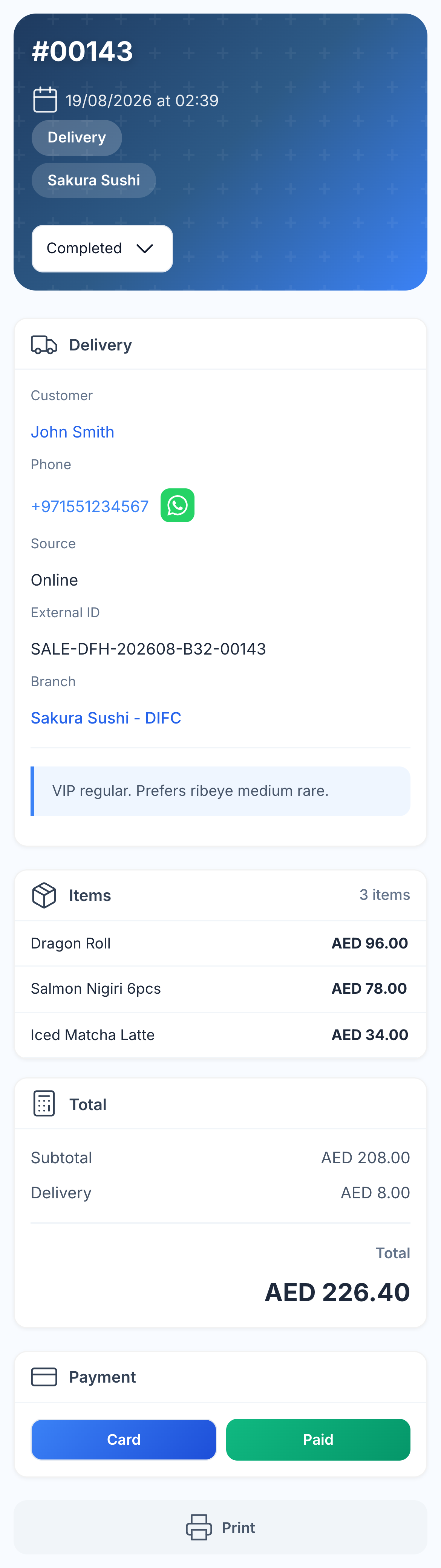 The same guest’s Sakura Sushi DIFC delivery order with Online source, dishes and payment