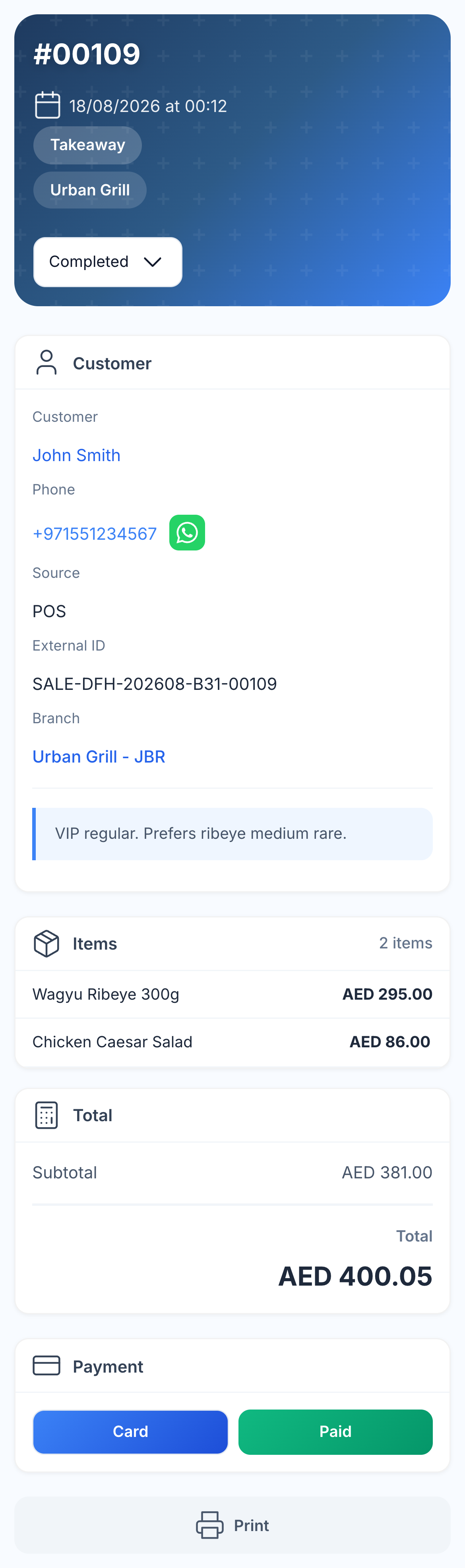 John Smith’s Urban Grill JBR order with restaurant source, dishes and payment