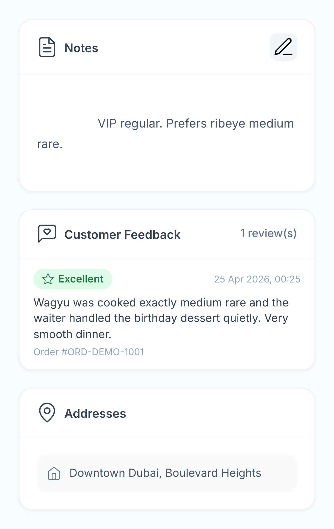 Native guest notes, order-linked feedback and a saved delivery address for John Smith