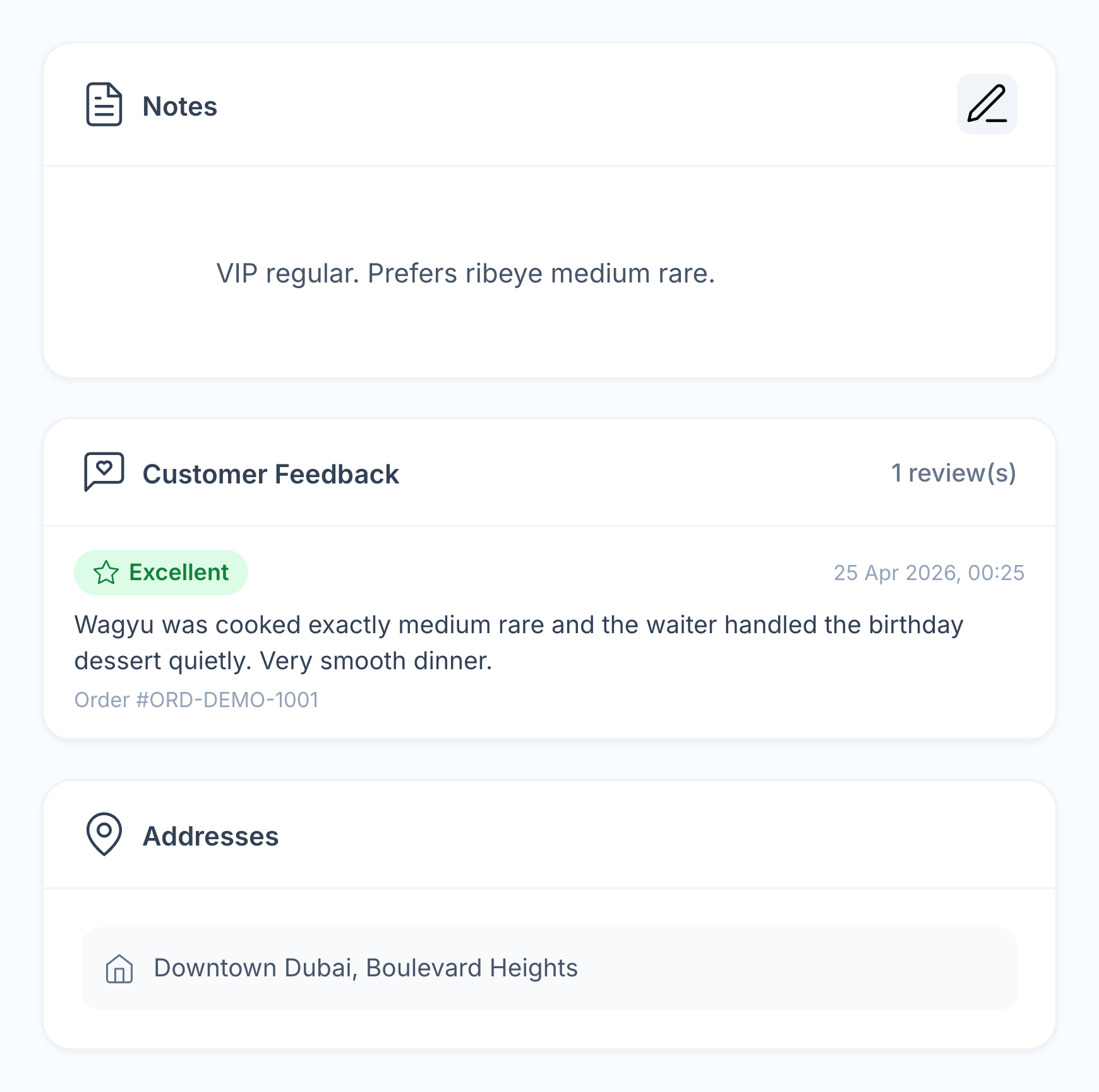 Native guest notes, order-linked feedback and a saved delivery address for John Smith