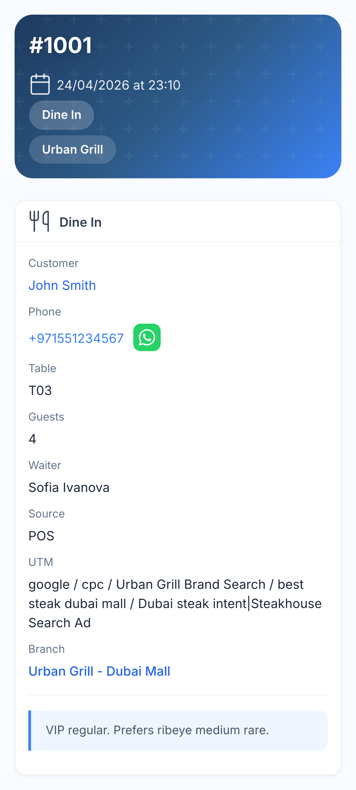 Actual Urban Grill order for John Smith showing Google campaign attribution, table, waiter and Dubai Mall branch