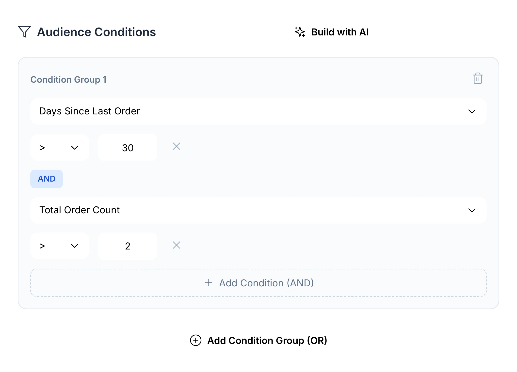 HoreX Audience Builder: more than 30 days since last order and more than two orders