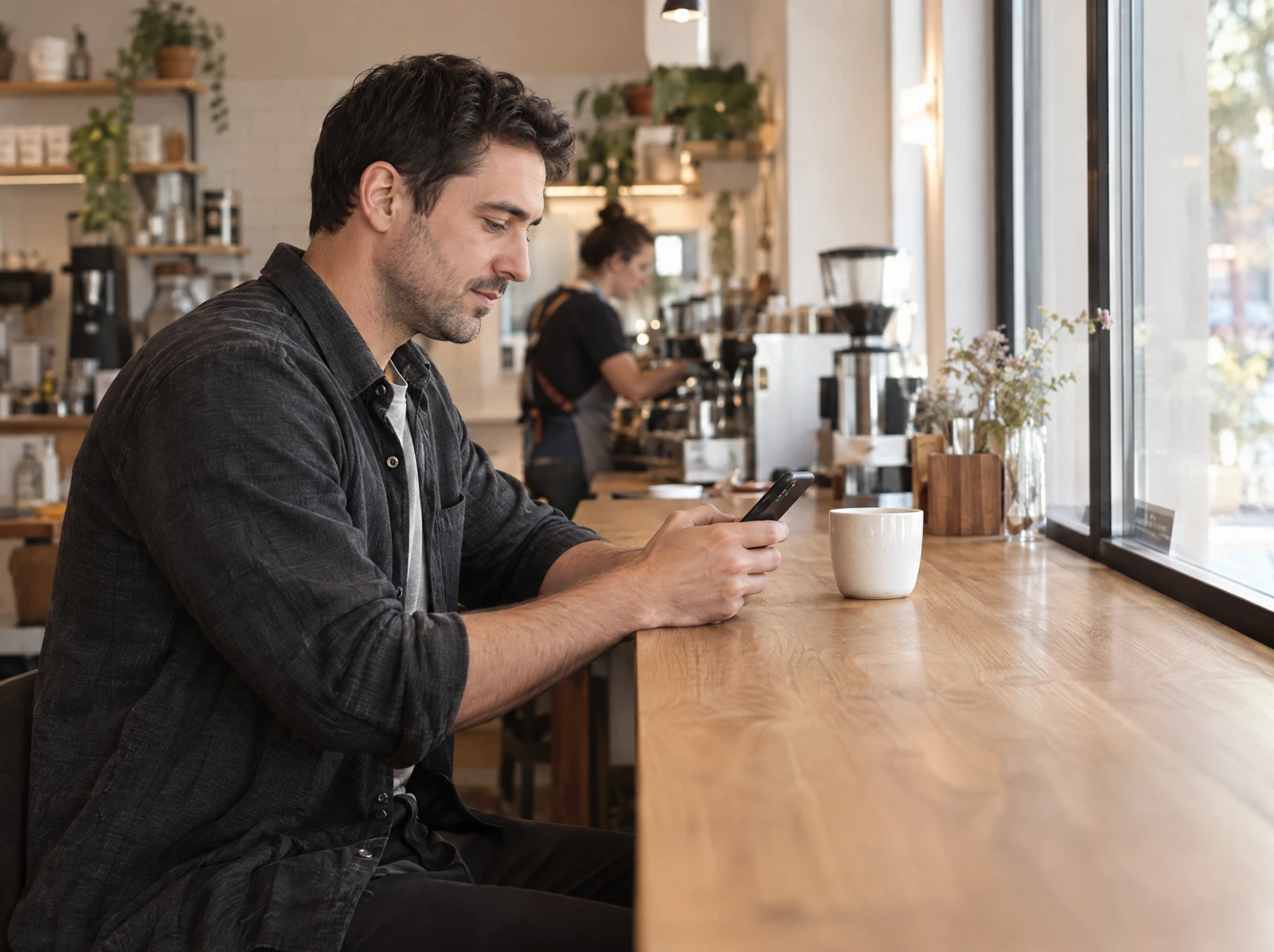 A regular guest looking at his phone in a neighbourhood cafe
