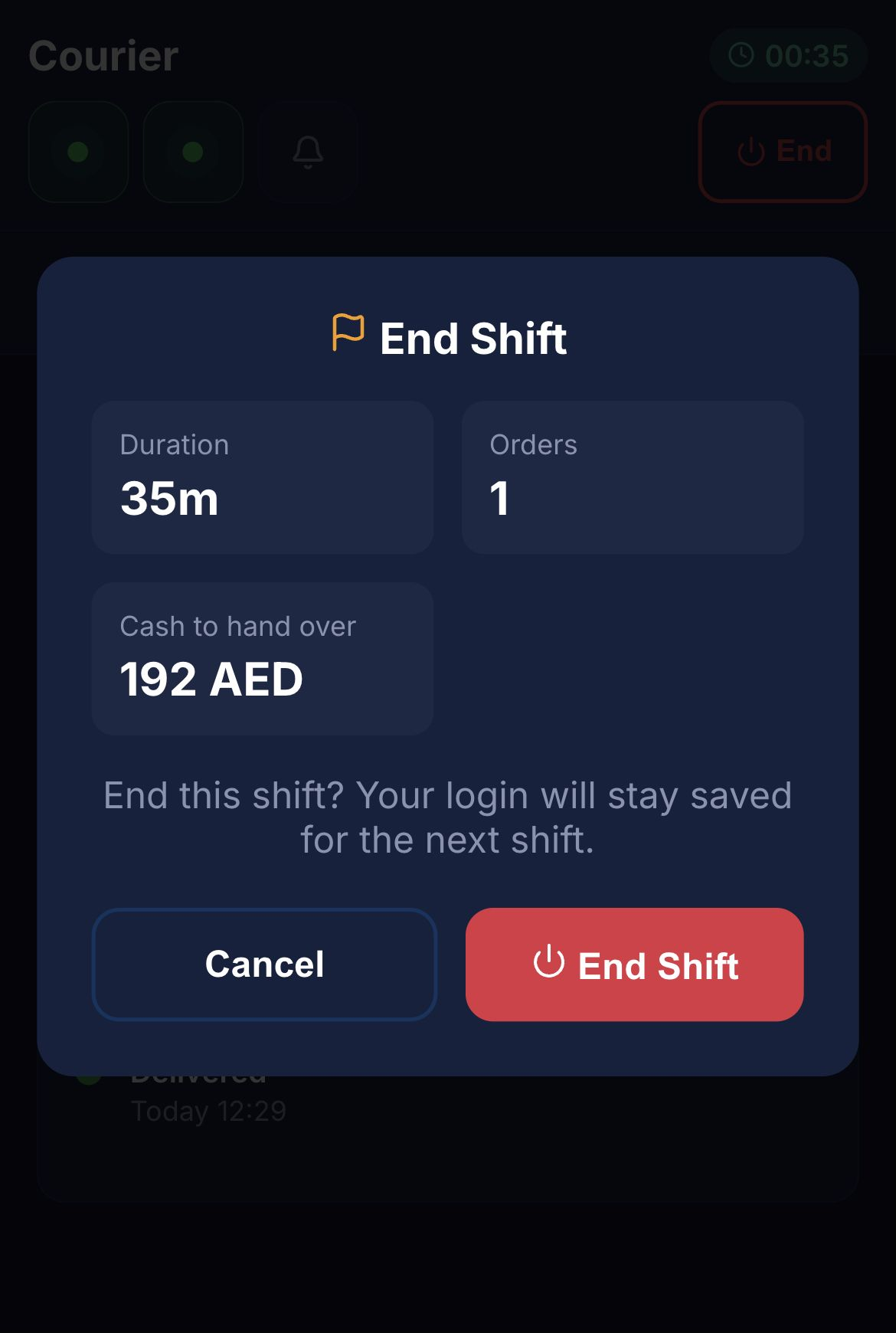 Courier End Shift summary with one completed order and AED 192 cash to hand over