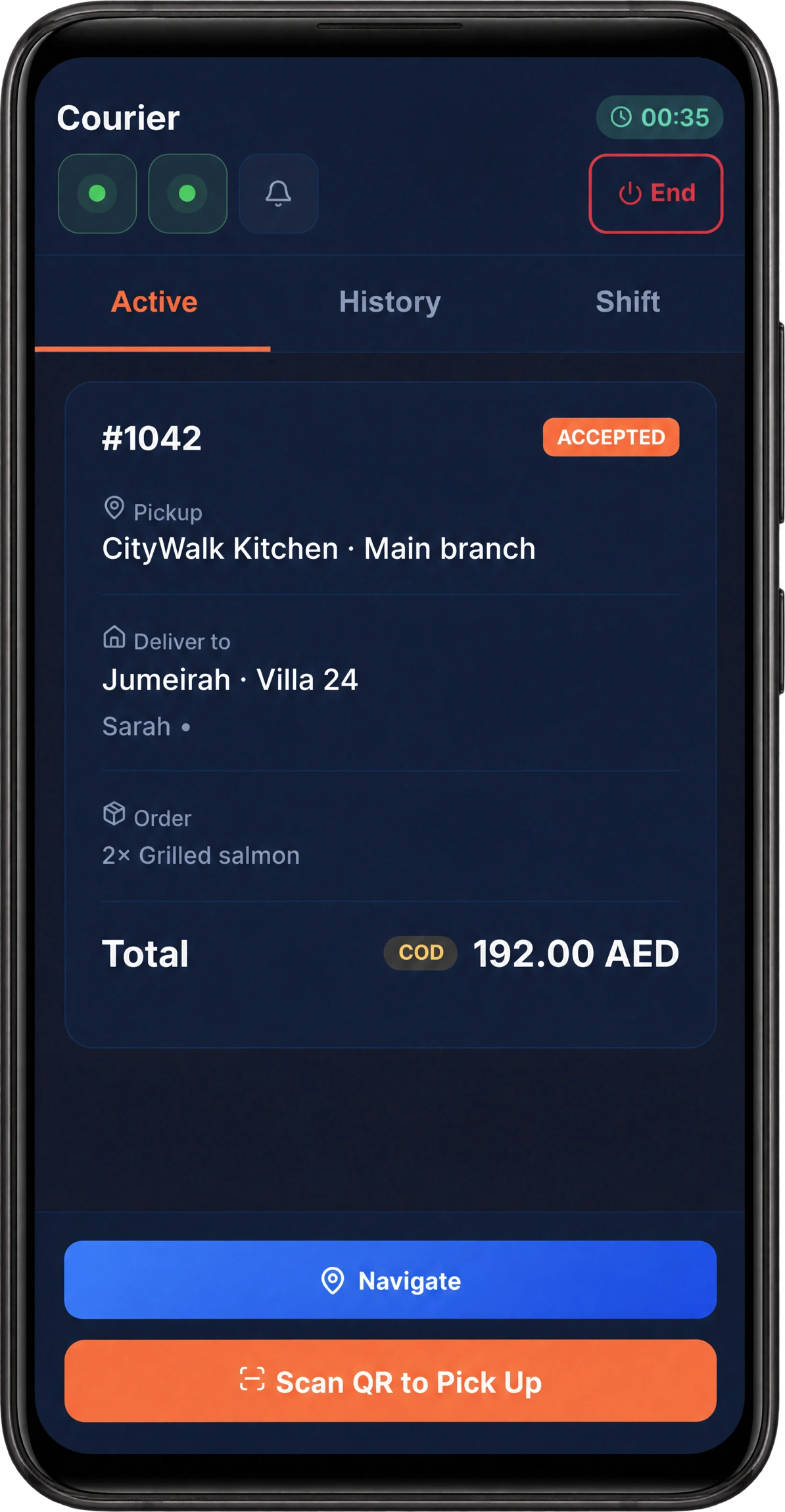 HoreX Courier order 1042 for Sarah, showing pickup, destination, AED 192 cash on delivery and Scan QR to Pick Up
