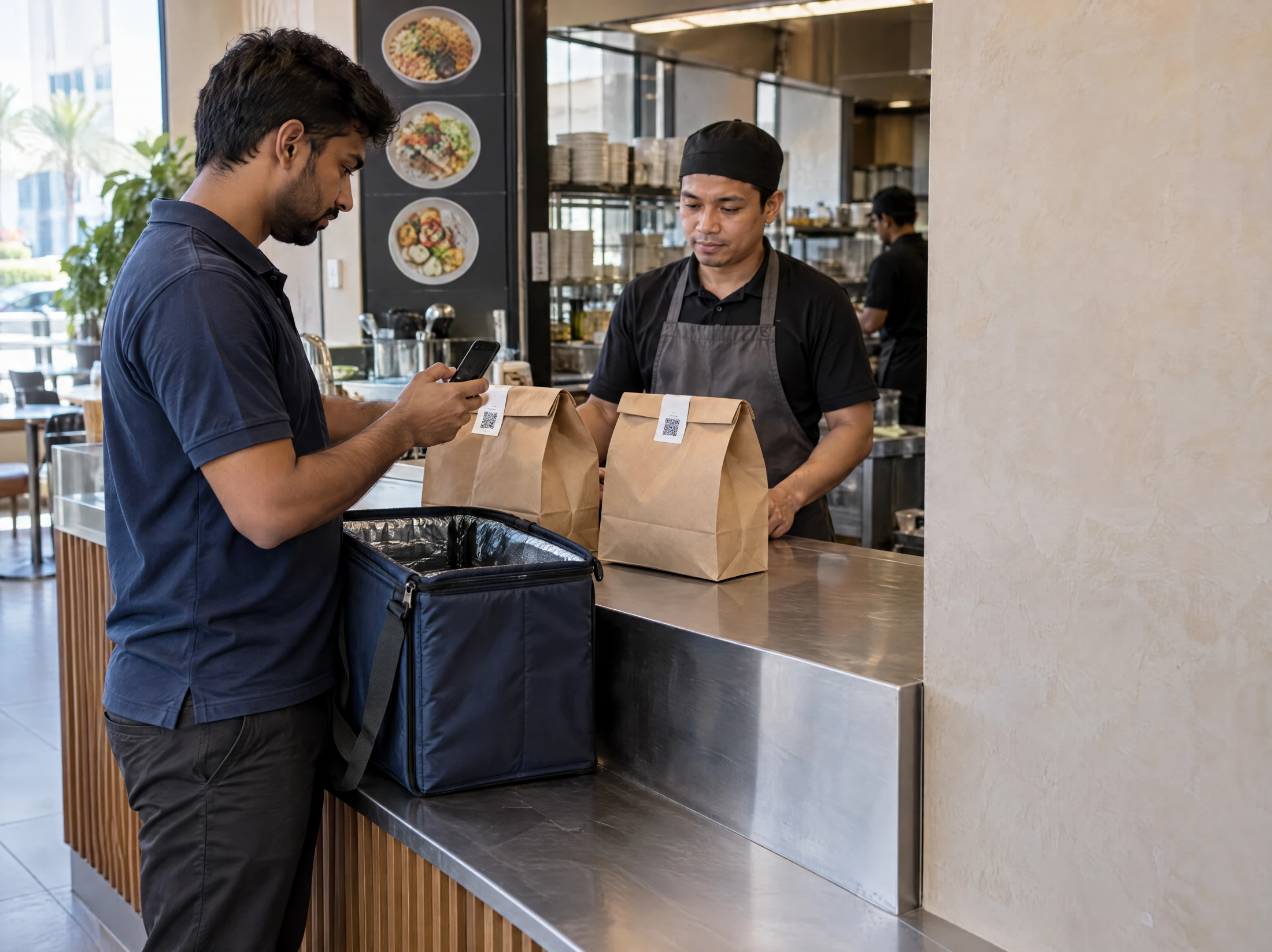 A courier checks a sealed takeaway bag at the restaurant collection counter