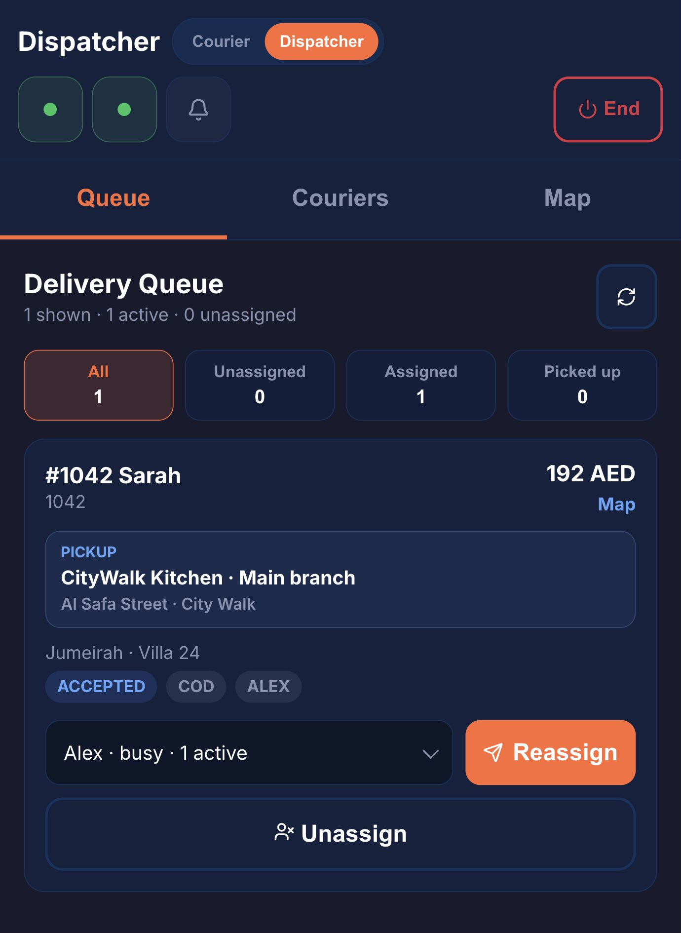 Dispatcher queue showing order 1042 assigned to Alex, cash on delivery AED 192 and reassignment control