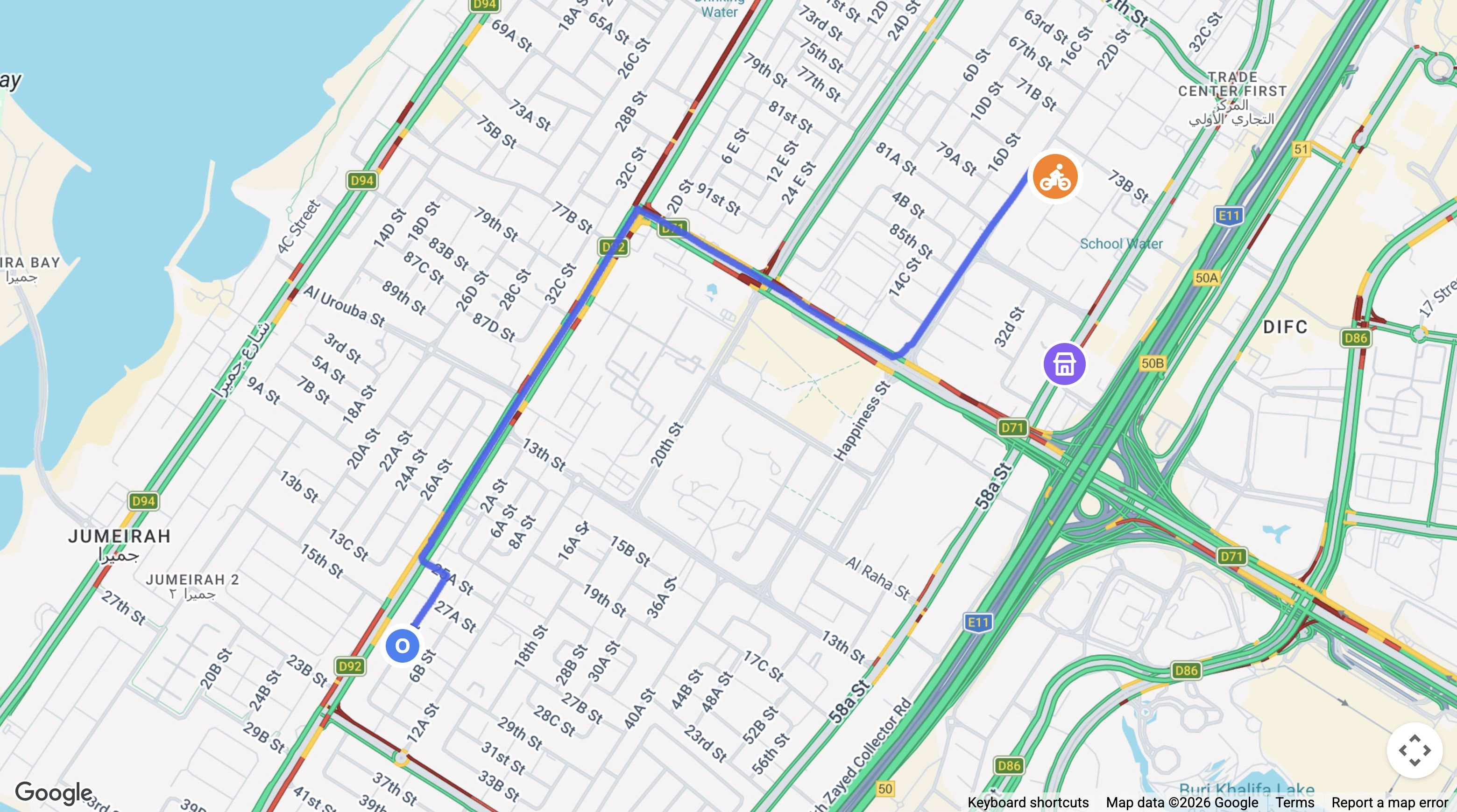 Native HoreX Google Map with a blue driving route from courier Alex to the delivery destination