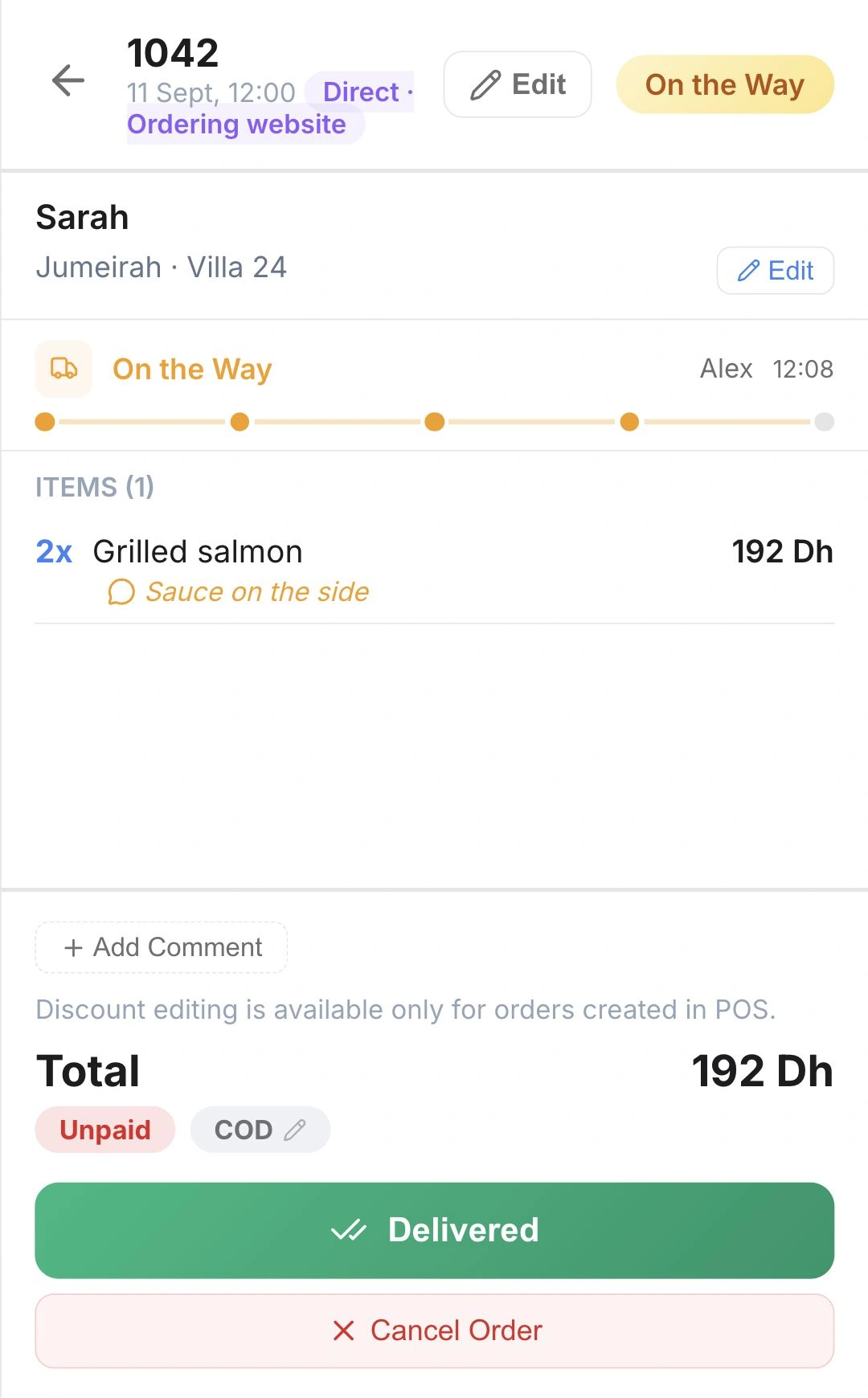 POS order 1042: Sarah, Alex, pickup at 12:08, grilled salmon and AED 192 cash due