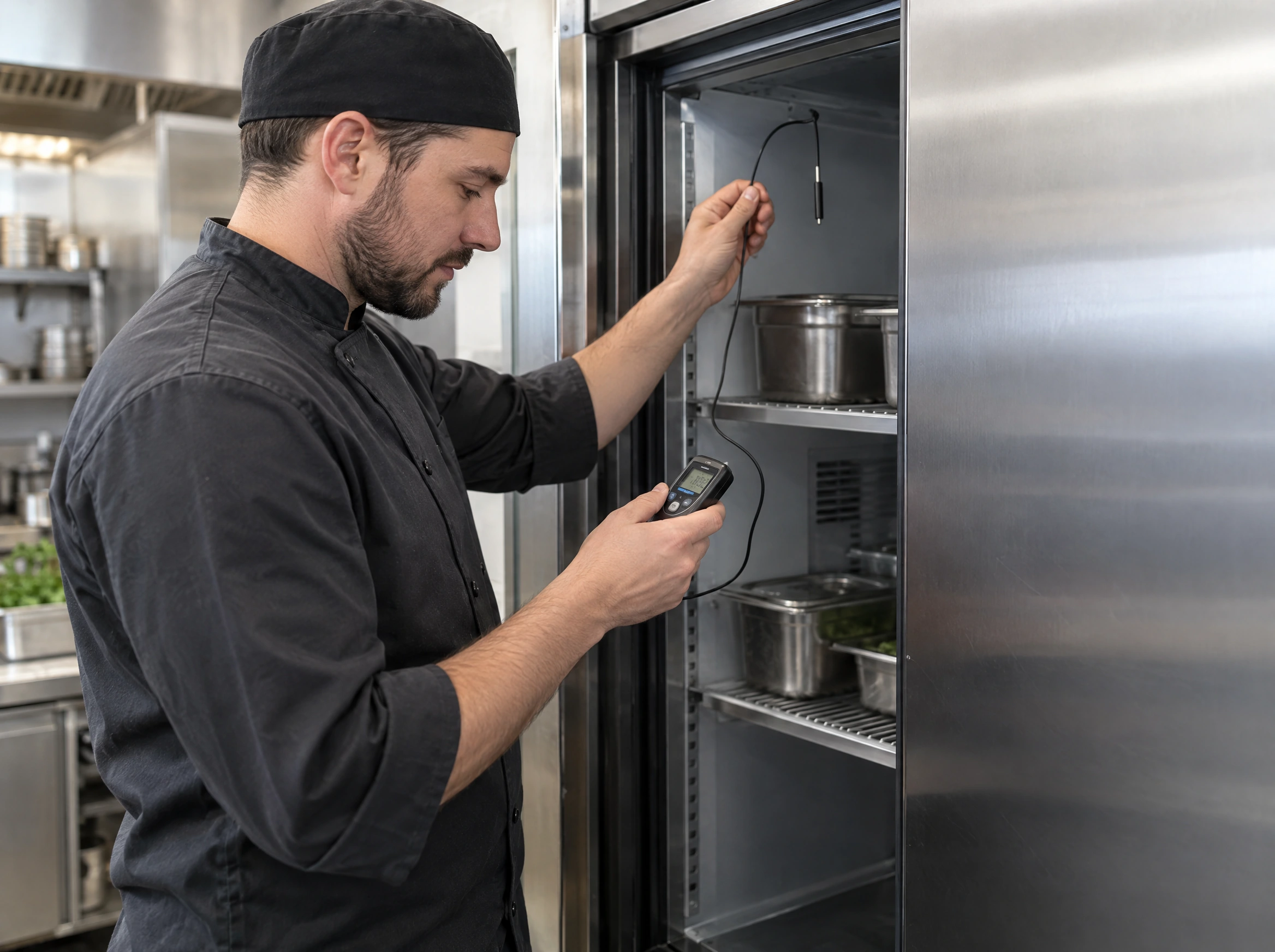 Chef in a black culinary cap reading a digital thermometer with its wired probe inside the refrigerator