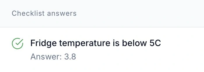 HoreX checklist answer: fridge temperature below 5C, recorded measurement 3.8