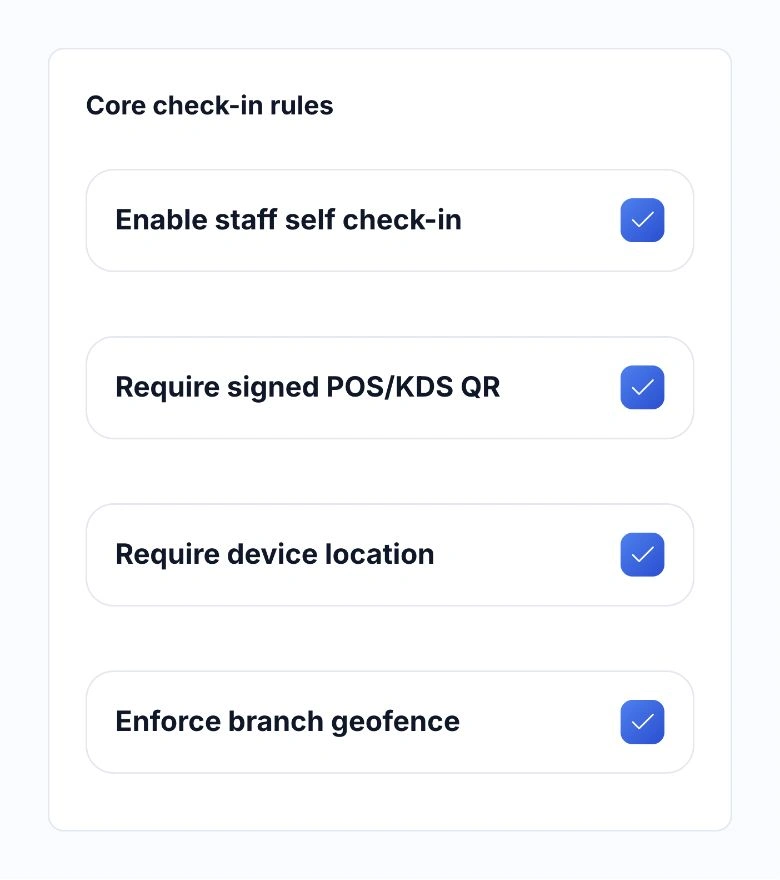 HoreX Attendance check-in rules for staff self check-in, POS/KDS QR, phone location and branch geofence
