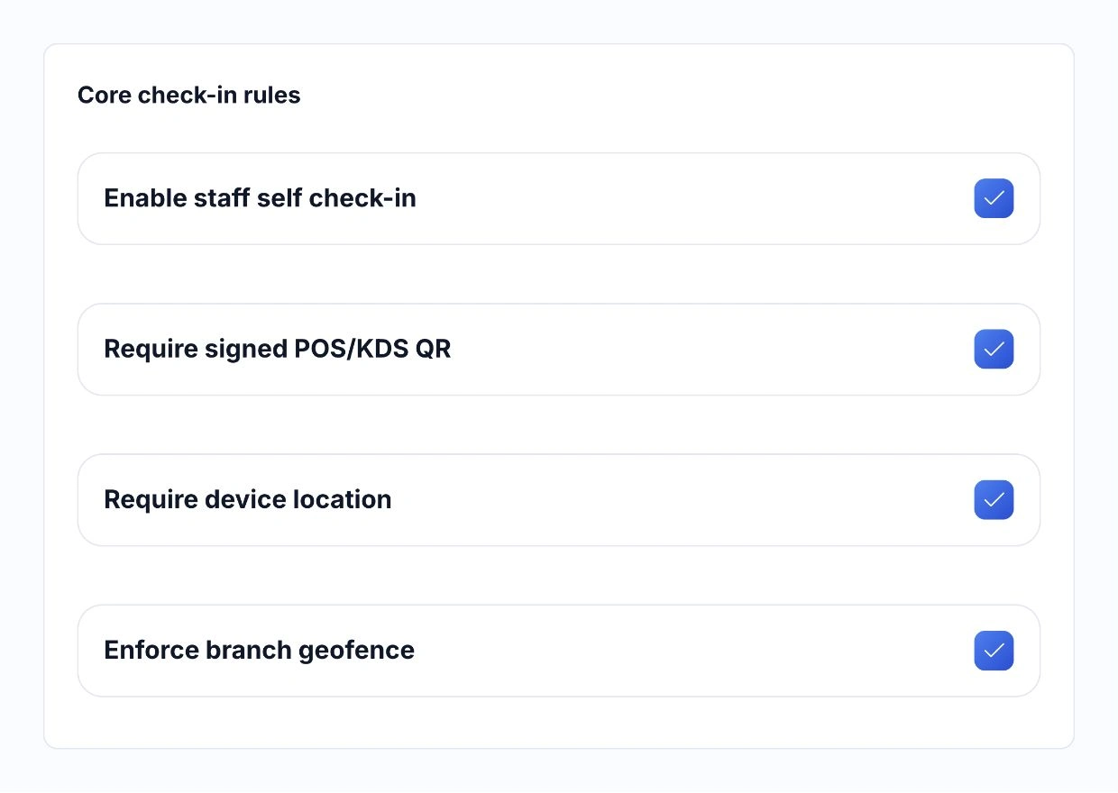 HoreX Attendance check-in rules for staff self check-in, POS/KDS QR, phone location and branch geofence