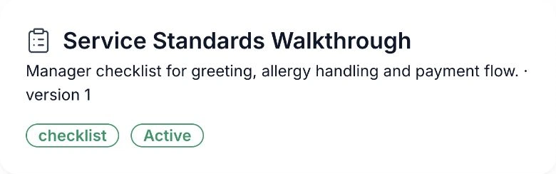 HoreX Service Standards Walkthrough checklist for greeting, allergy handling and payment flow
