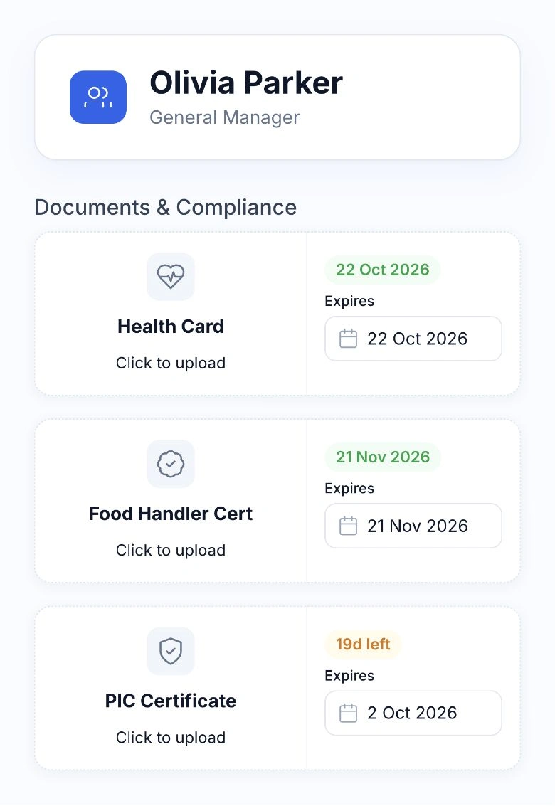 HoreX employee certificate records with expiry dates for Health Card, Food Handler and PIC certificates