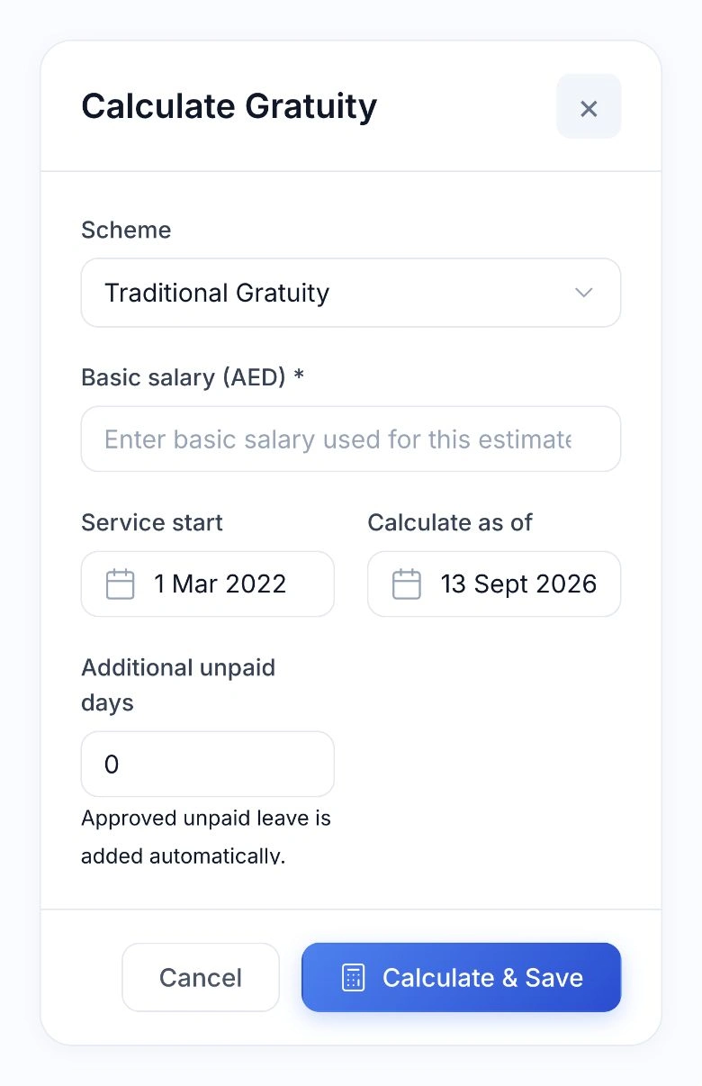 HoreX gratuity form with scheme, basic salary, service dates and automatic approved unpaid leave