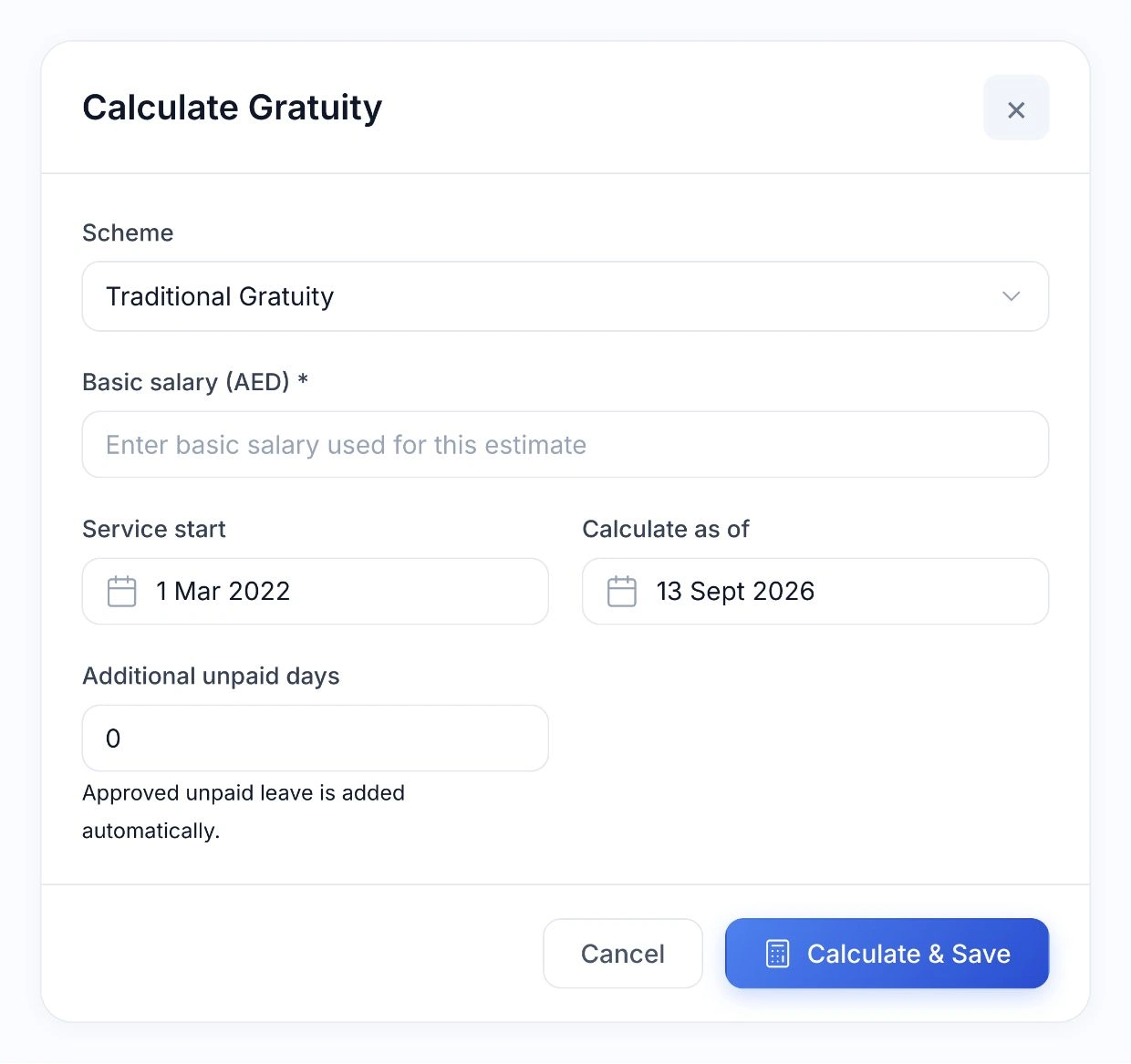 HoreX gratuity form with scheme, basic salary, service dates and automatic approved unpaid leave
