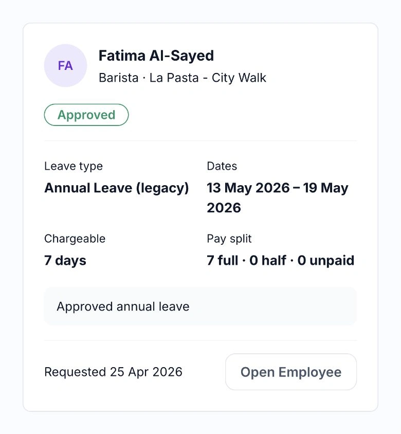Approved leave for Fatima Al-Sayed showing dates, seven chargeable days and the full, half and unpaid split