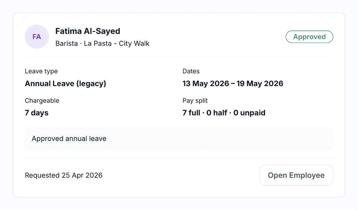 Approved leave for Fatima Al-Sayed showing dates, seven chargeable days and the full, half and unpaid split