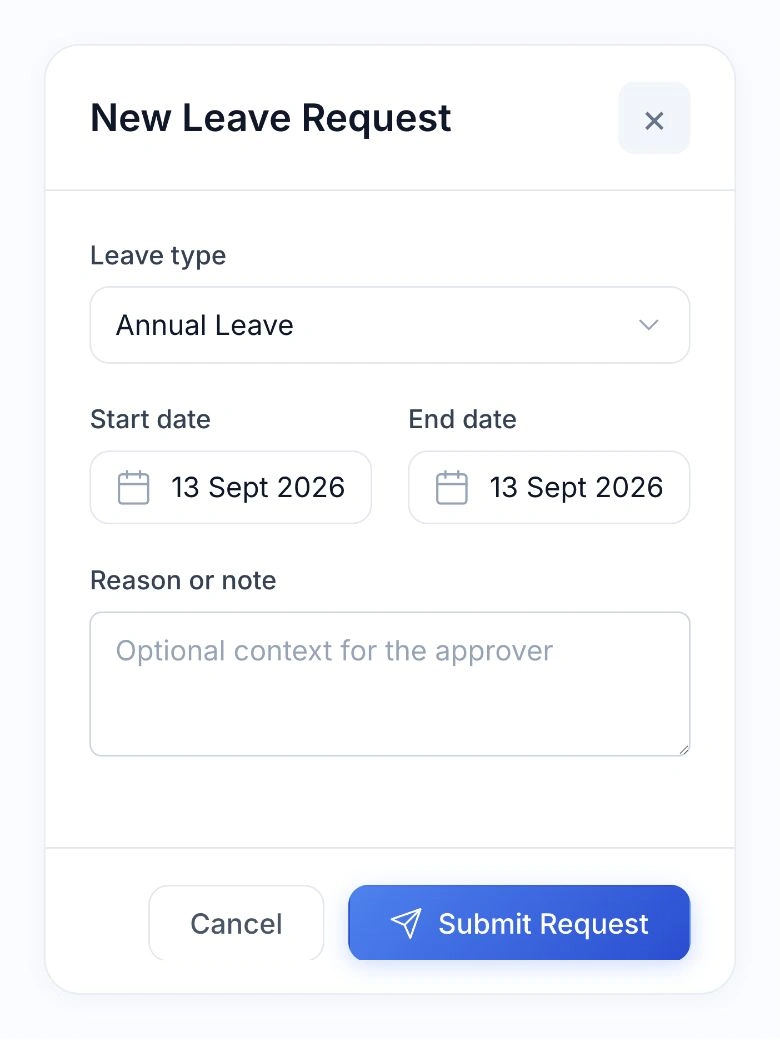 Native HoreX leave request form with leave type, start date, end date and a note
