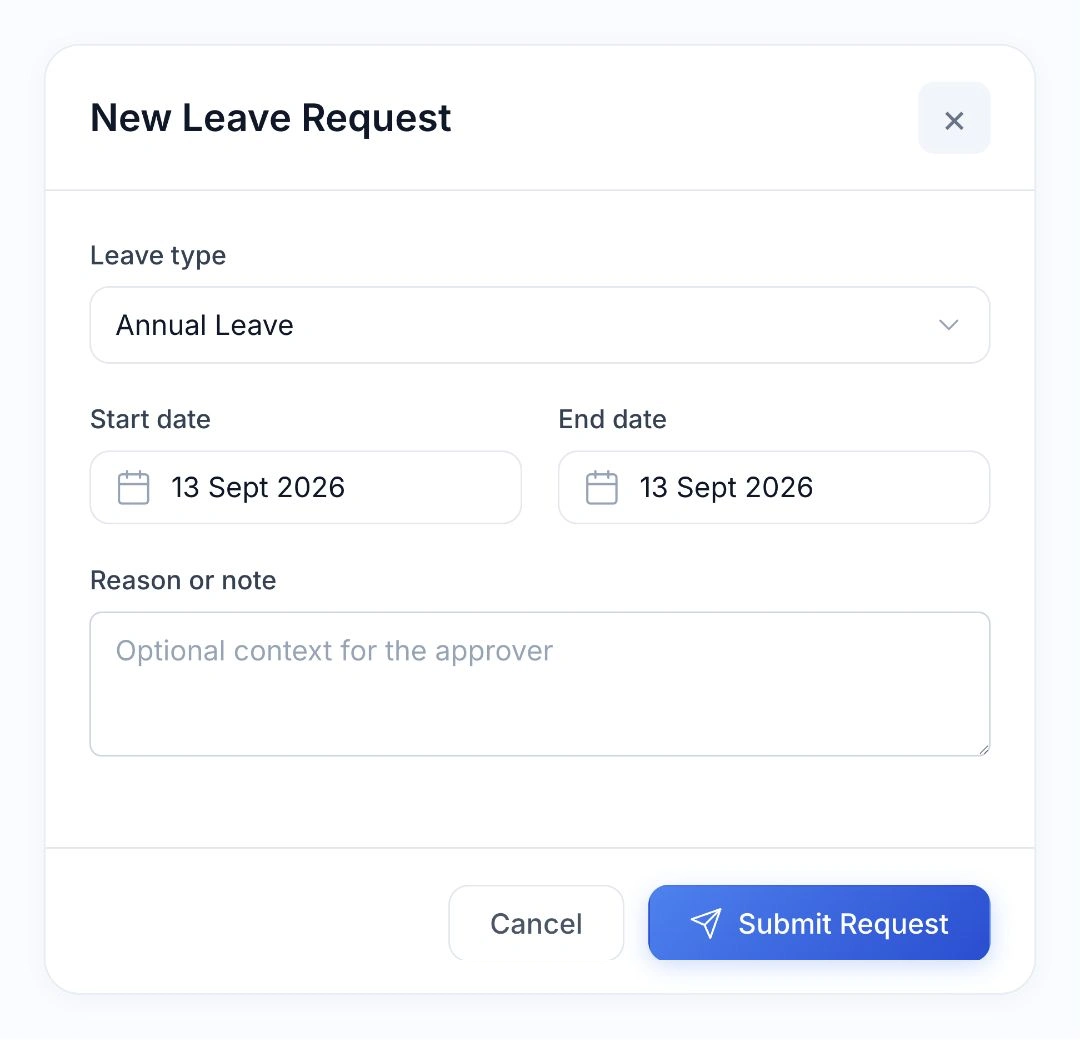 Native HoreX leave request form with leave type, start date, end date and a note
