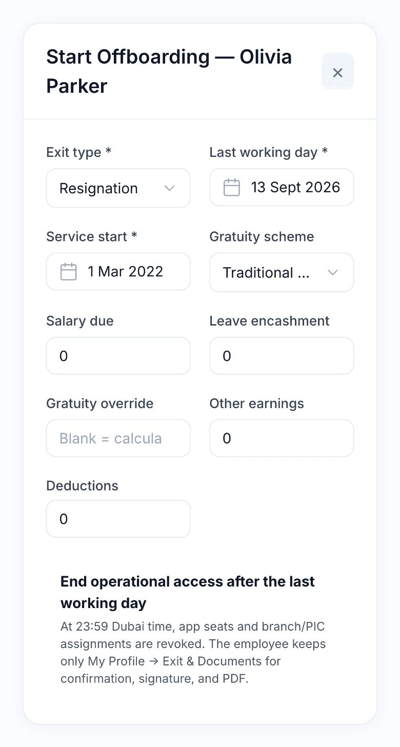 Native HoreX offboarding form showing salary due, leave encashment, gratuity, other earnings and deductions