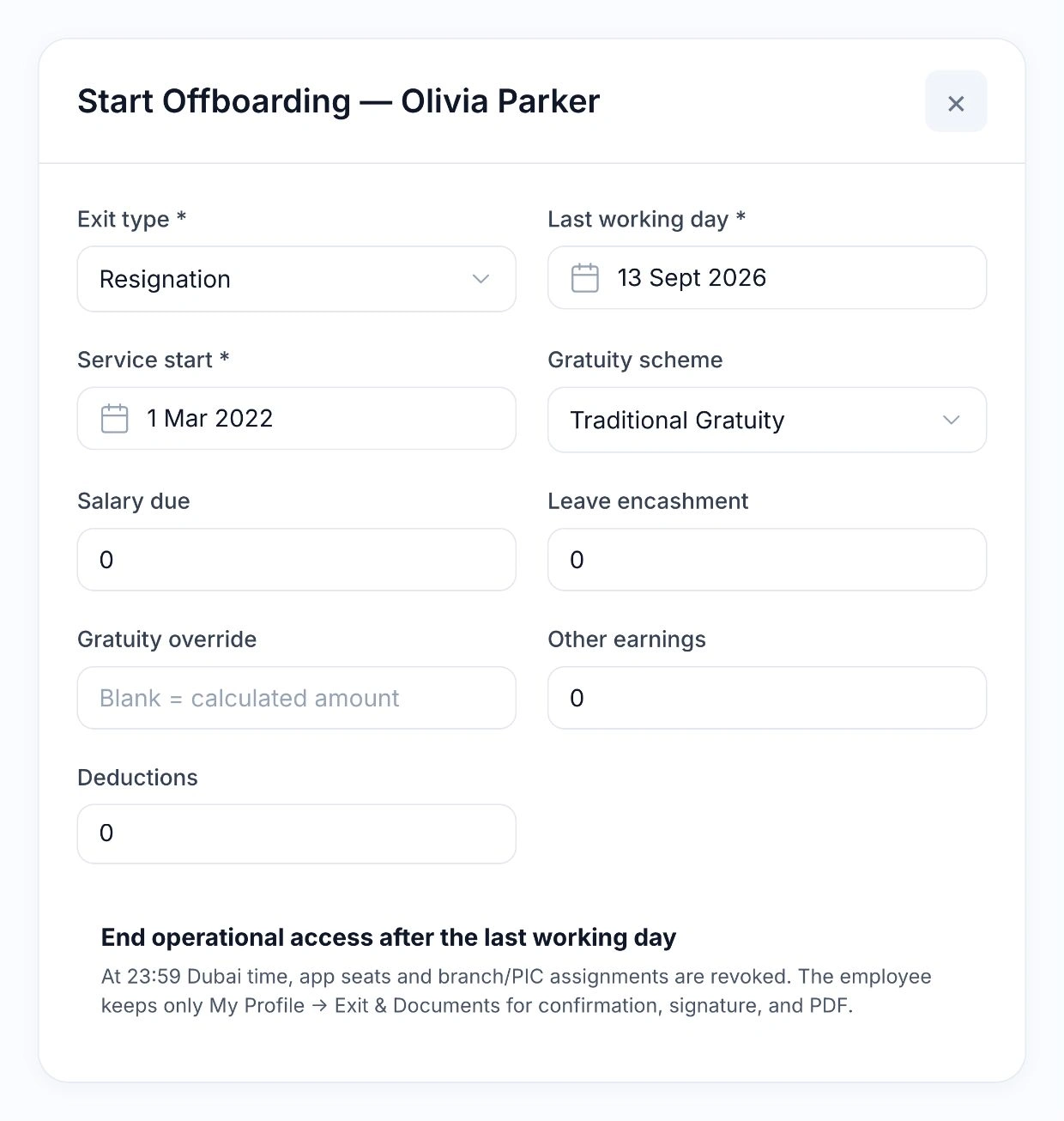 Native HoreX offboarding form showing salary due, leave encashment, gratuity, other earnings and deductions