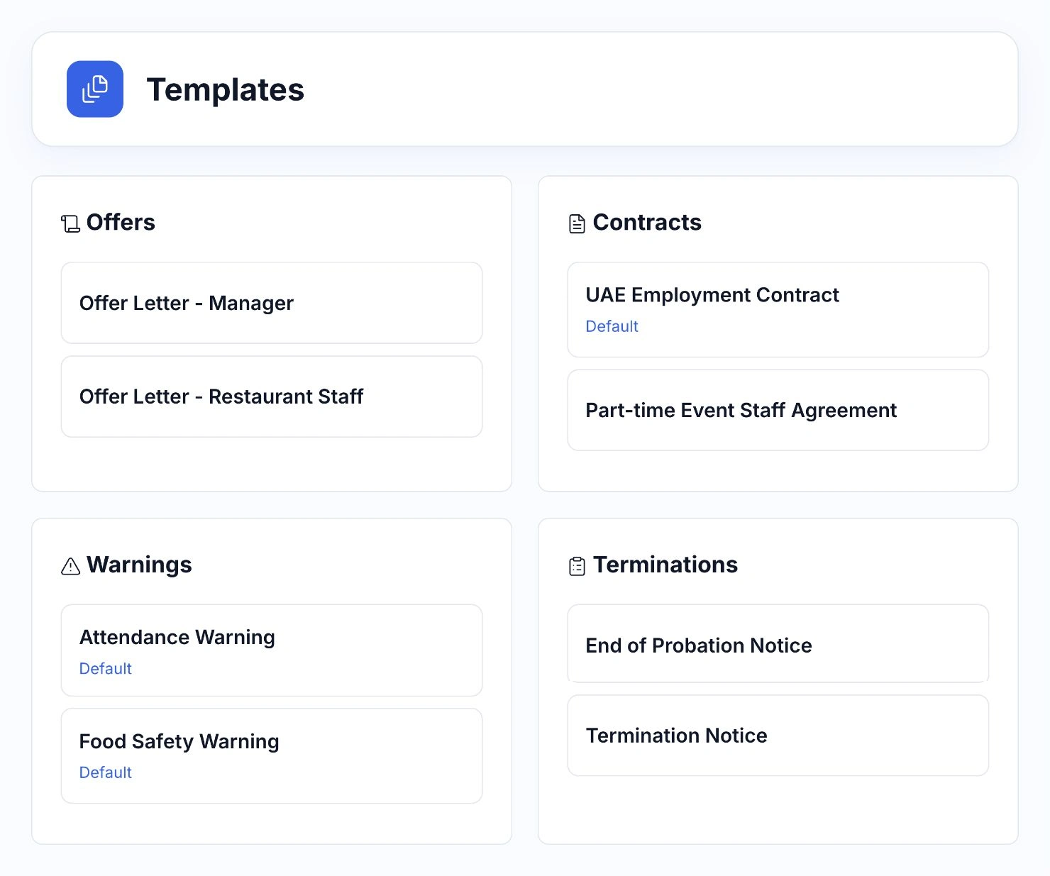 HoreX HR templates for offers, employment contracts, attendance warnings and termination notices