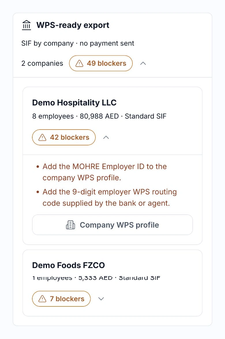 HoreX WPS preflight showing company salary totals and missing employer ID and routing details