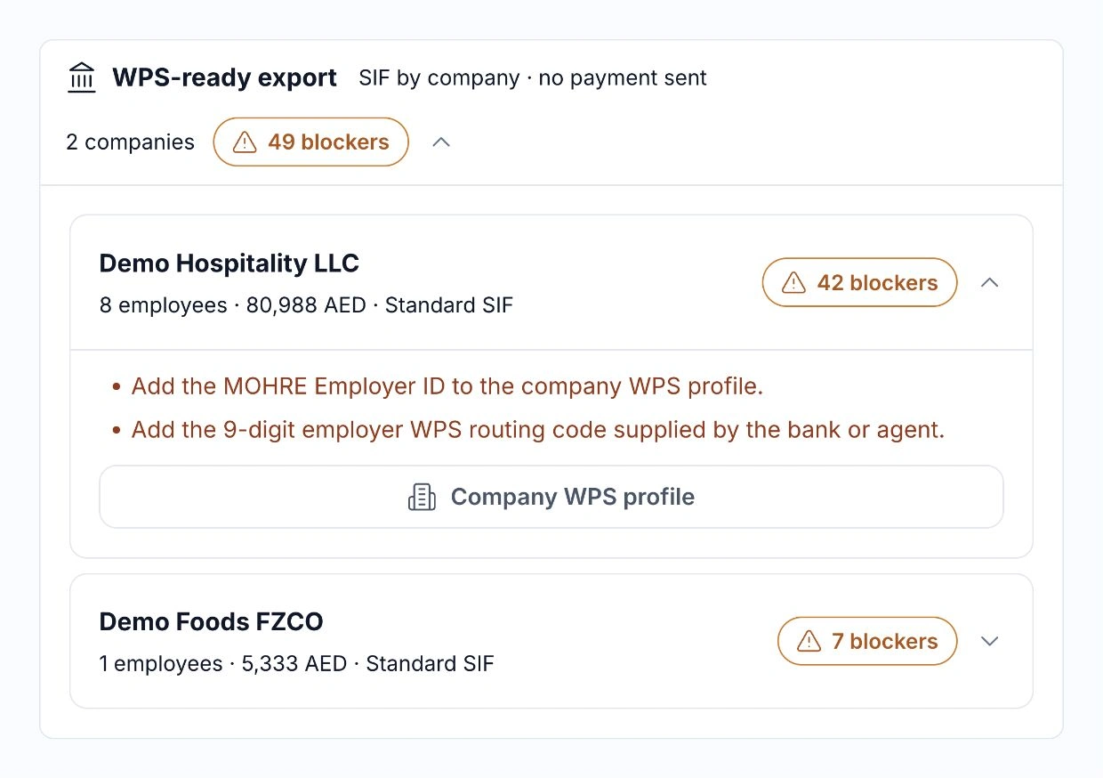 HoreX WPS preflight showing company salary totals and missing employer ID and routing details