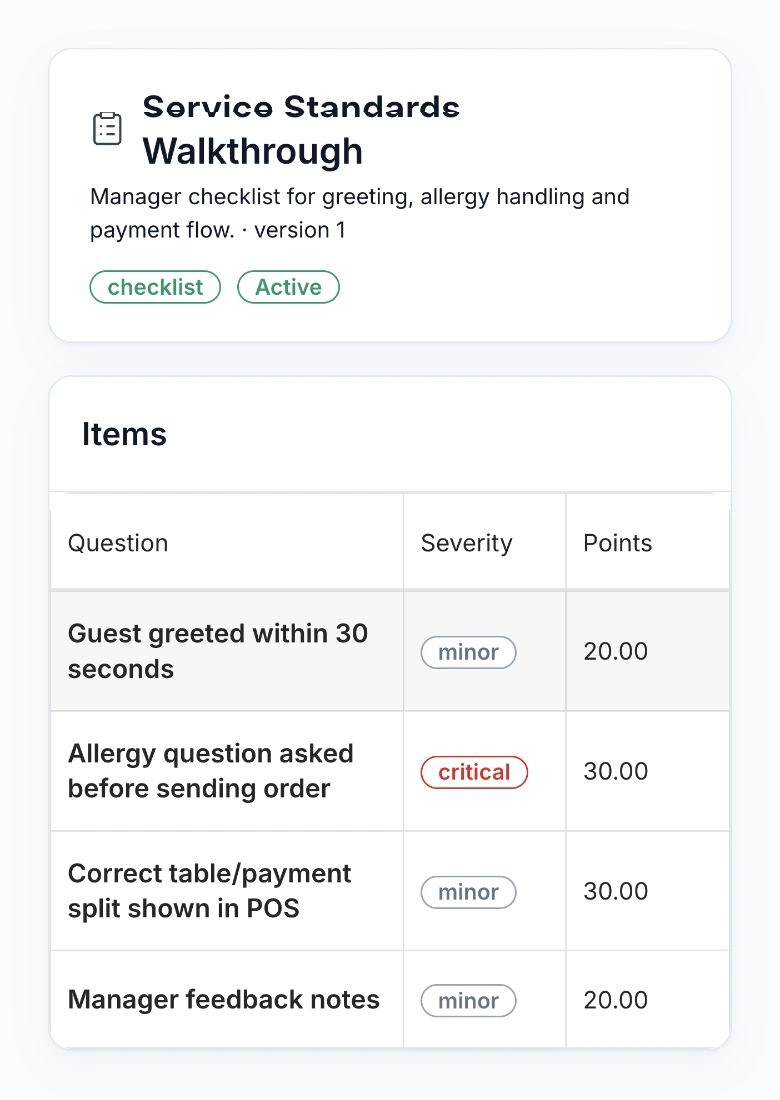 HoreX service checklist with guest greeting, allergy question, POS payment handling and manager feedback