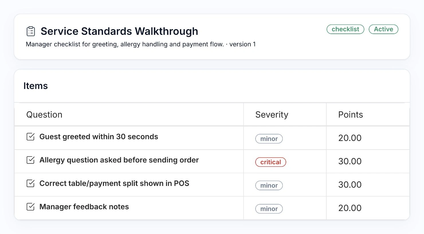 HoreX service checklist with guest greeting, allergy question, POS payment handling and manager feedback