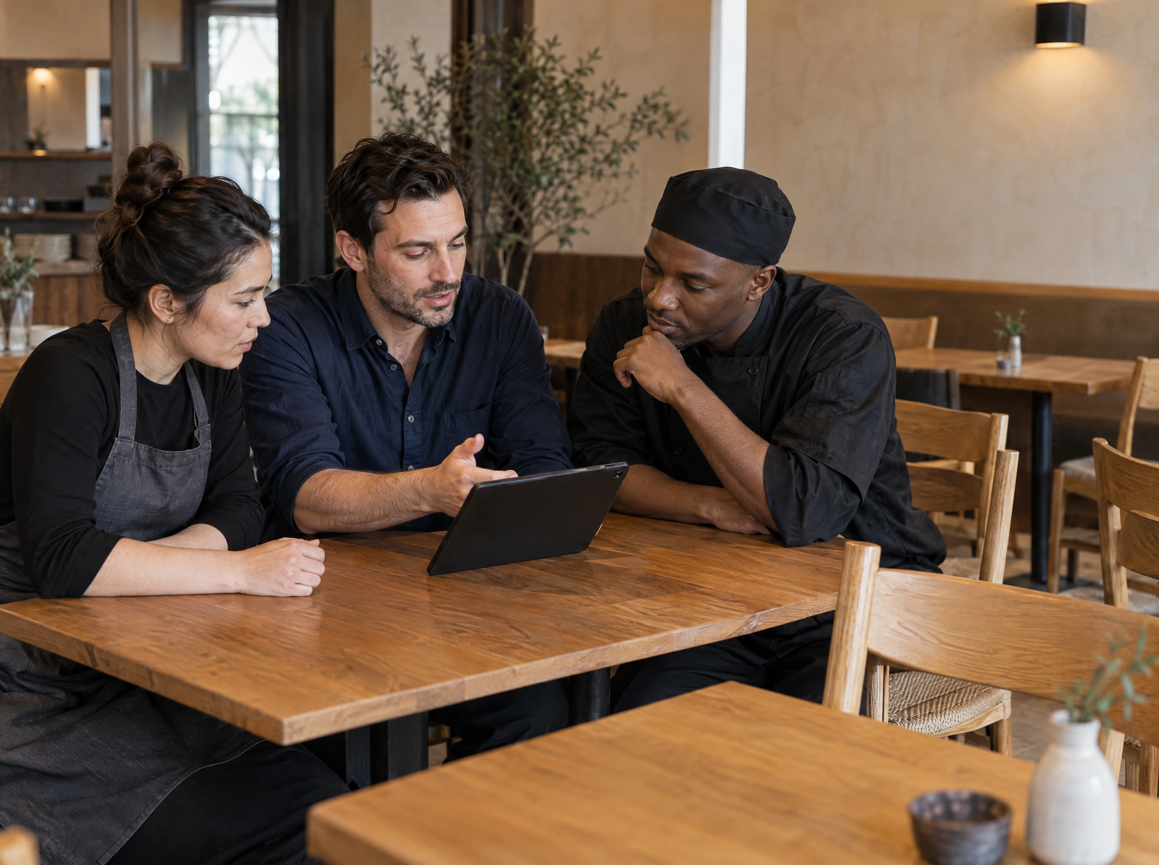 A restaurant manager, floor supervisor and chef discuss service standards around a tablet