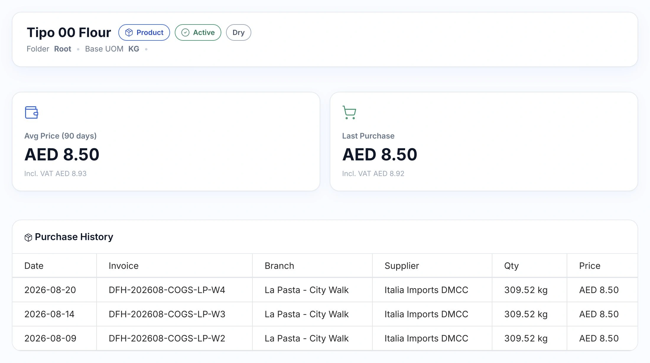 Tipo 00 Flour product record with last purchase price, 90-day average and supplier invoice history