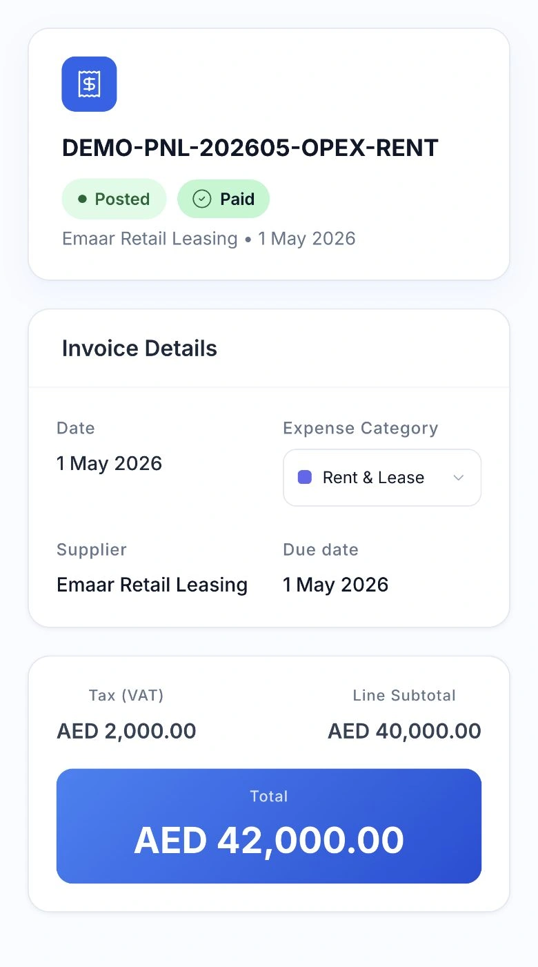 HoreX general expense record for rent, showing the supplier, category, due date, VAT, total and paid status
