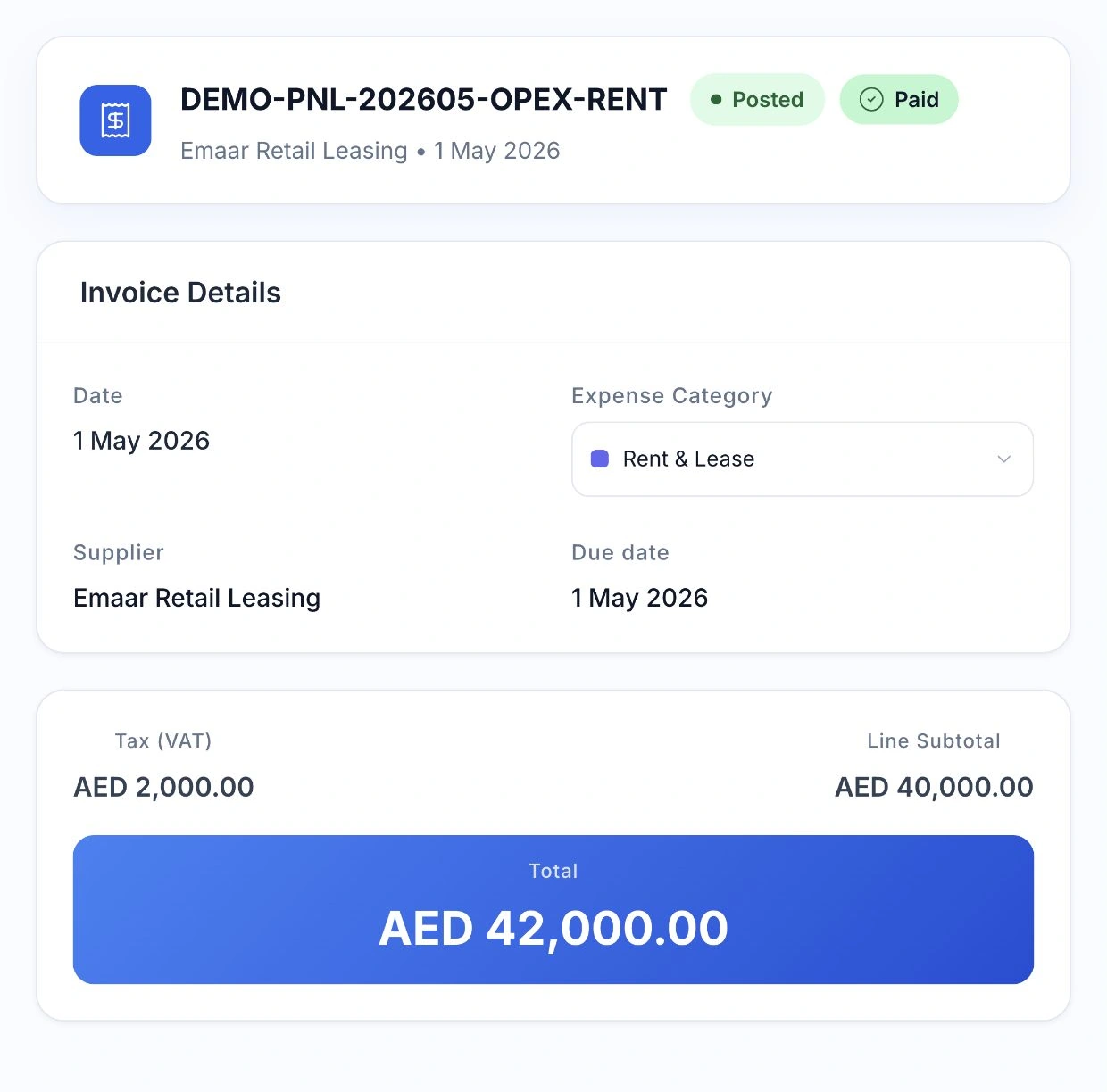 HoreX general expense record for rent, showing the supplier, category, due date, VAT, total and paid status