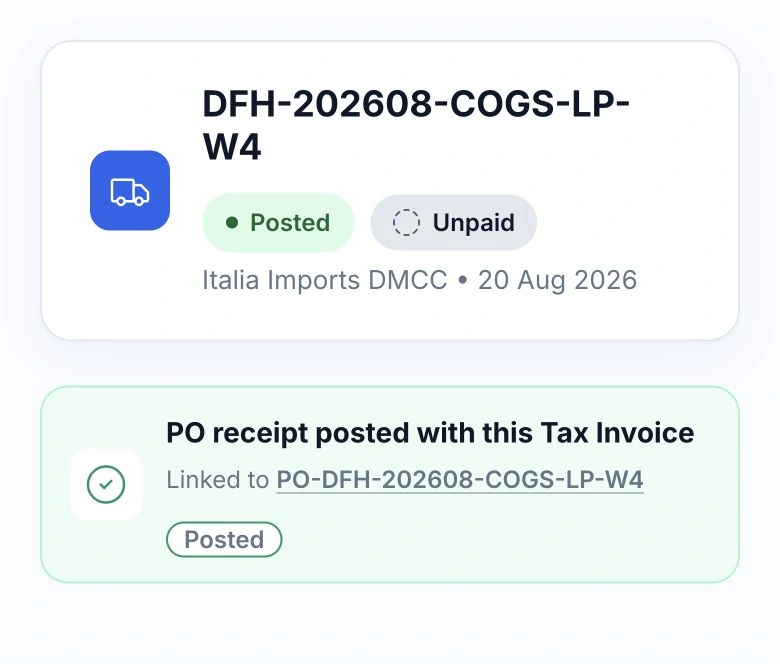 Purchase invoice and its linked purchase order, both identified in HoreX