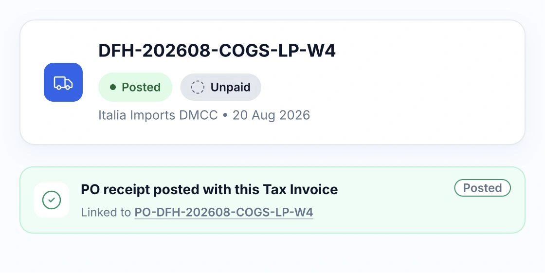 Posted purchase invoice with a link to its purchase order in HoreX