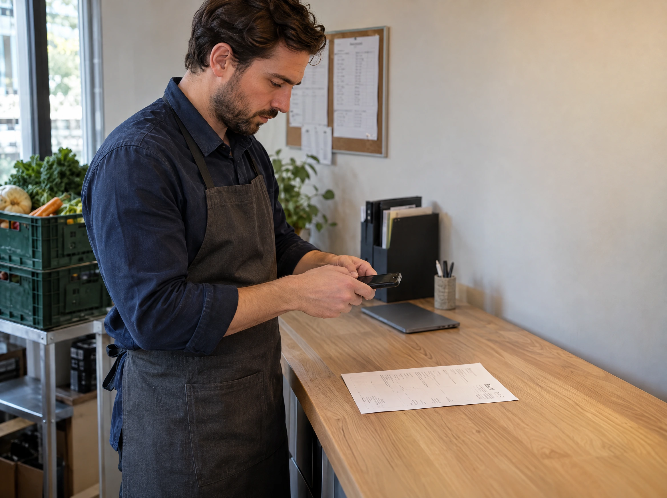 A restaurant manager photographing a supplier invoice at the receiving counter