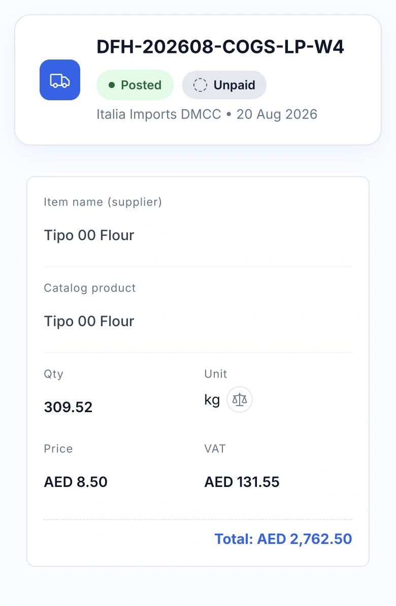 HoreX invoice with supplier item names beside catalogue products, quantities, units, prices, VAT and totals