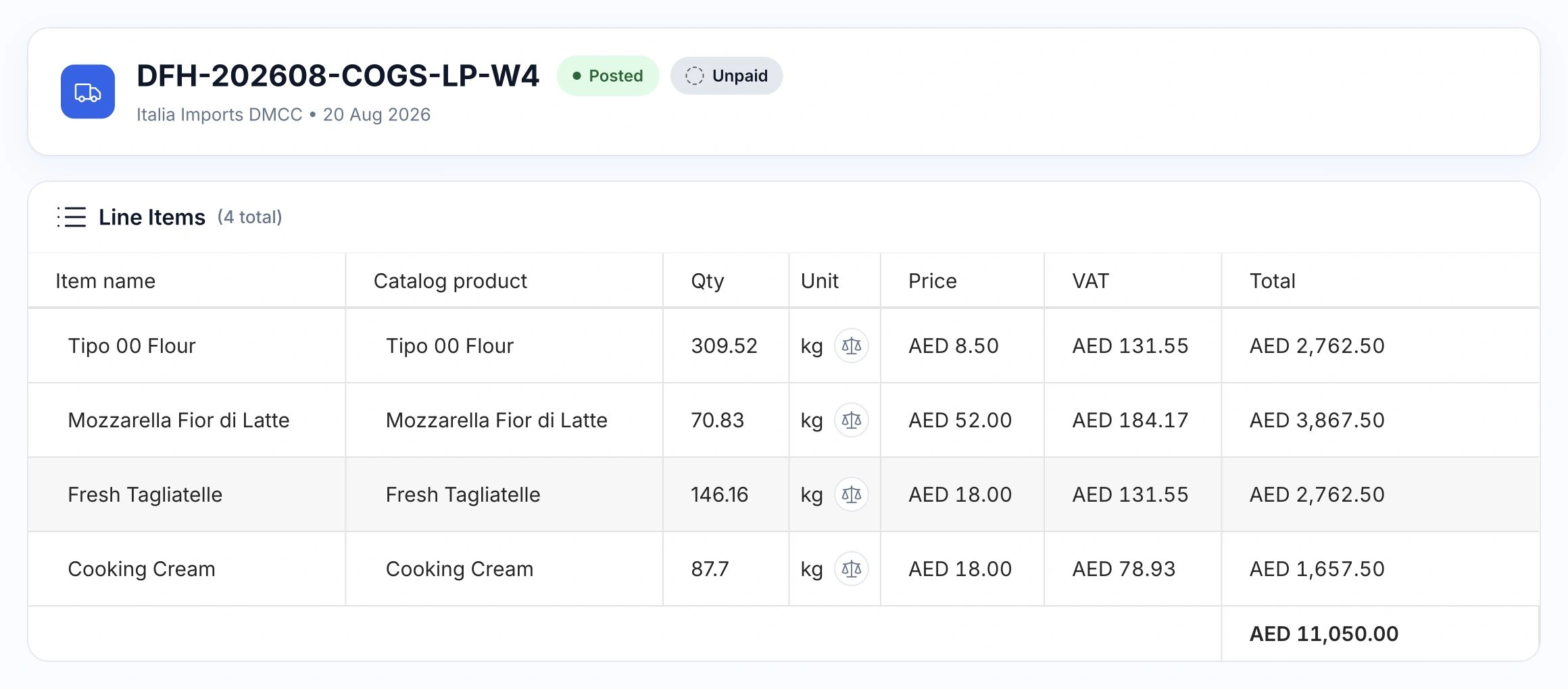 HoreX invoice with supplier item names beside catalogue products, quantities, units, prices, VAT and totals