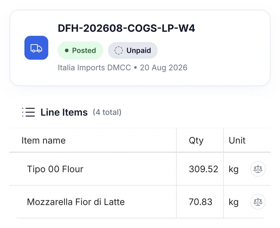 HoreX purchase invoice excerpt with supplier identity, posted status and product quantities