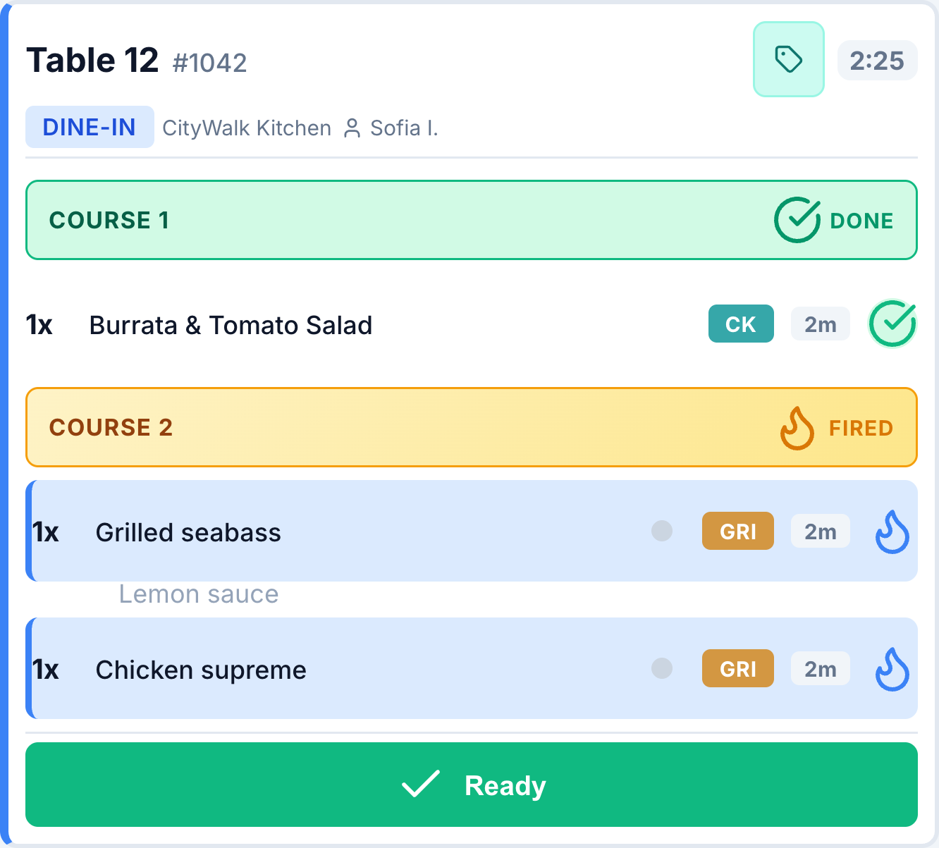 The same Table 12 order with Course 2 fired and the mains in preparation